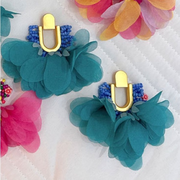 Alia - U-shaped Blue Handmade Beaded Fabric Tassel Earrings. HOT ITEM - Picture 4 of 6